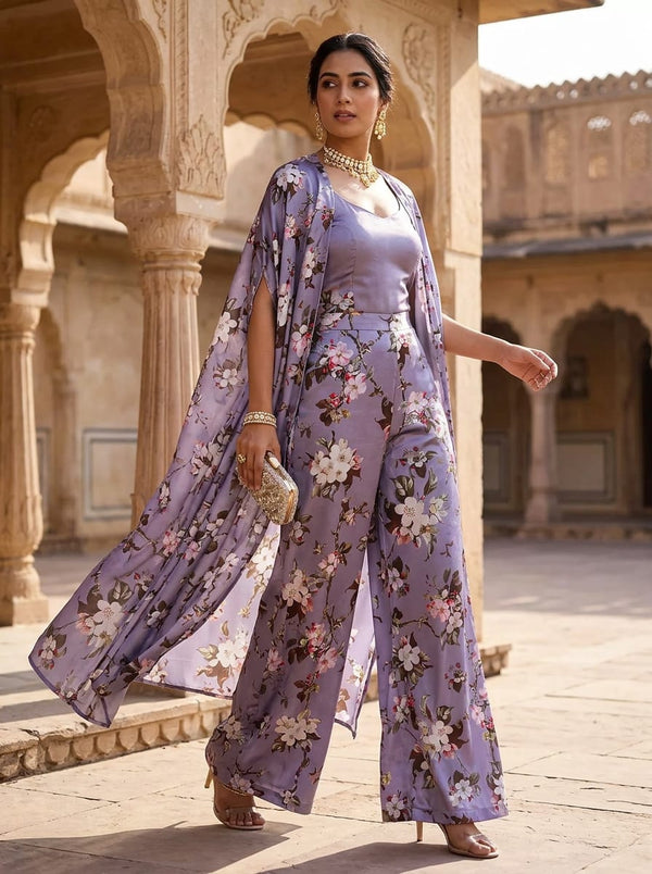 Blue Painterly Apple Blossom Japan Satin Digital Printed Fabric - Cape with Palazzo Lookbook - JS-0-0TA06656P4-111 - alternate view