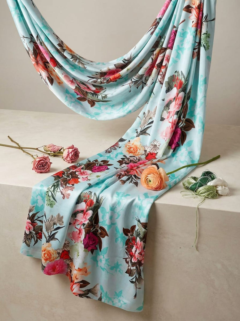 Multicolor Vibrant Botanical Floral Japan Satin Digital Printed Fabric