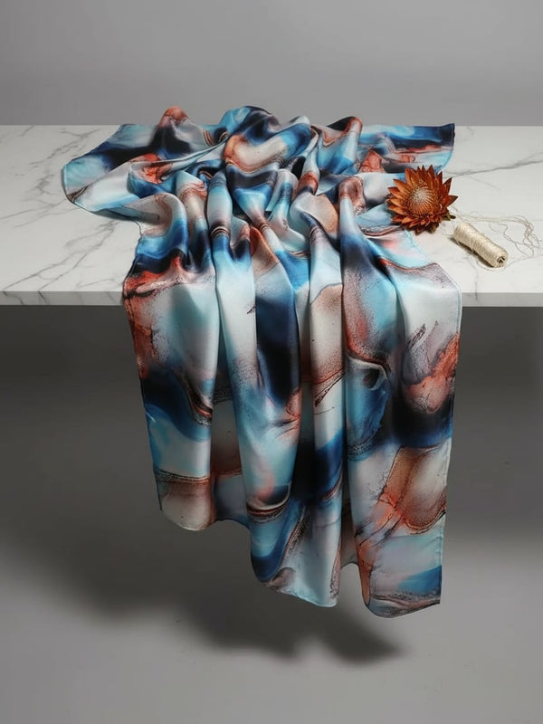 Multicolor Blue and Orange Marble Ink Abstract Japan Satin Digital Printed Fabric