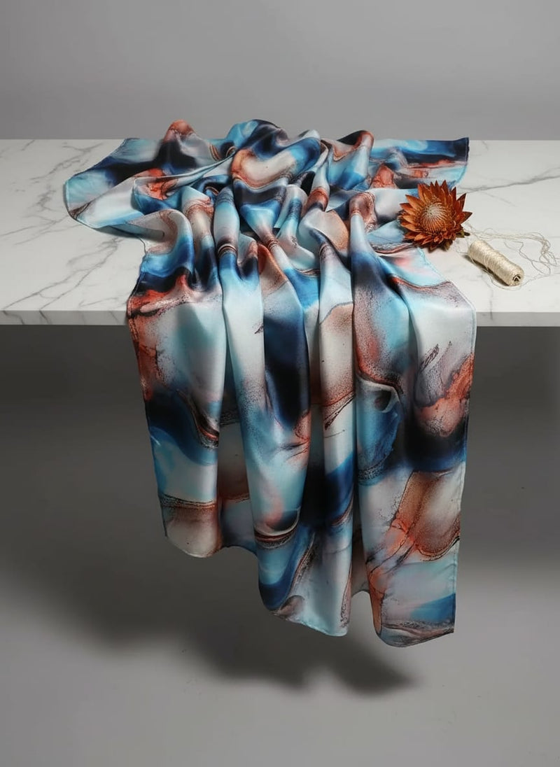 Multicolor Blue and Orange Marble Ink Abstract Japan Satin Digital Printed Fabric