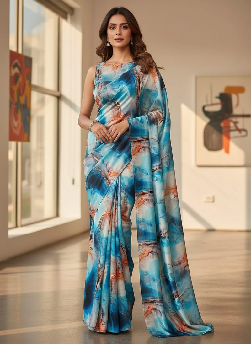 Multicolor Blue and Orange Marble Ink Abstract Japan Satin Digital Printed Fabric