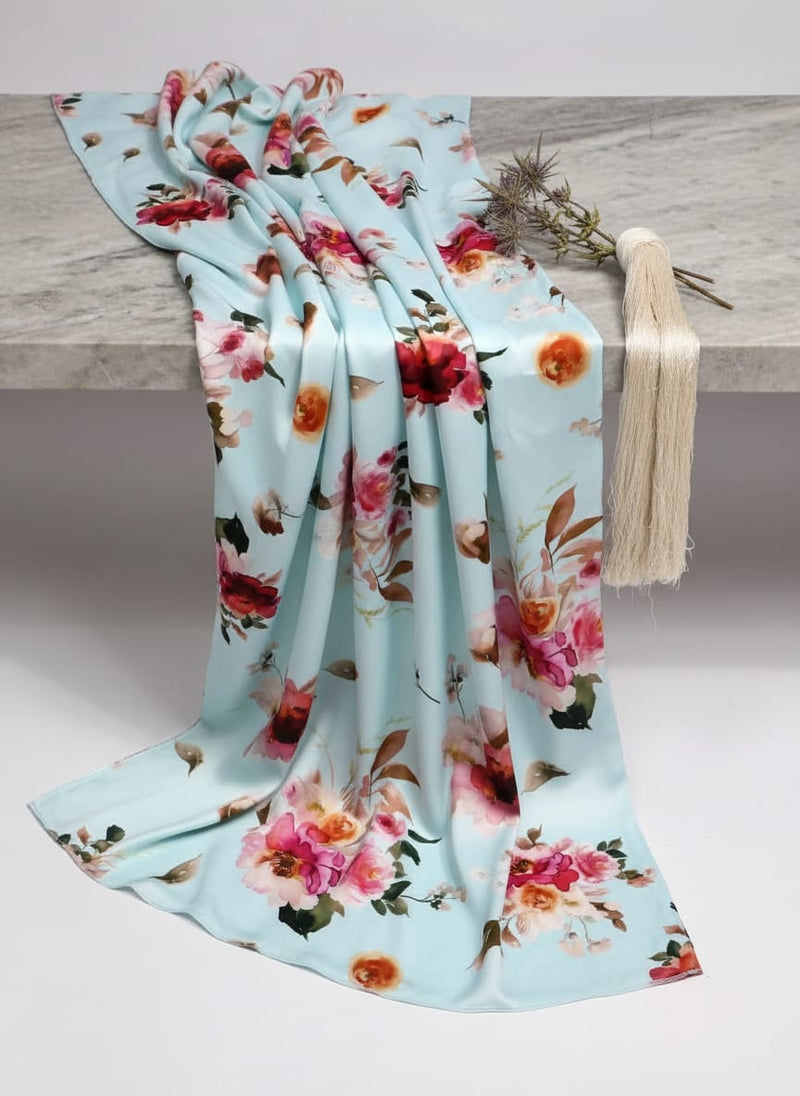 Blue Painterly Floral Japan Satin Digital Printed Fabric
