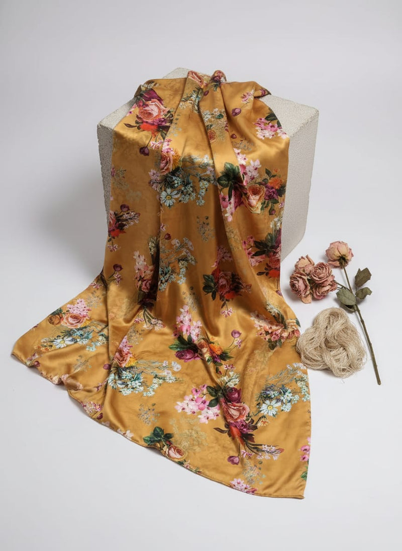 Yellow Vibrant Rose and Orchid Bouquet Japan Satin Digital Printed Fabric