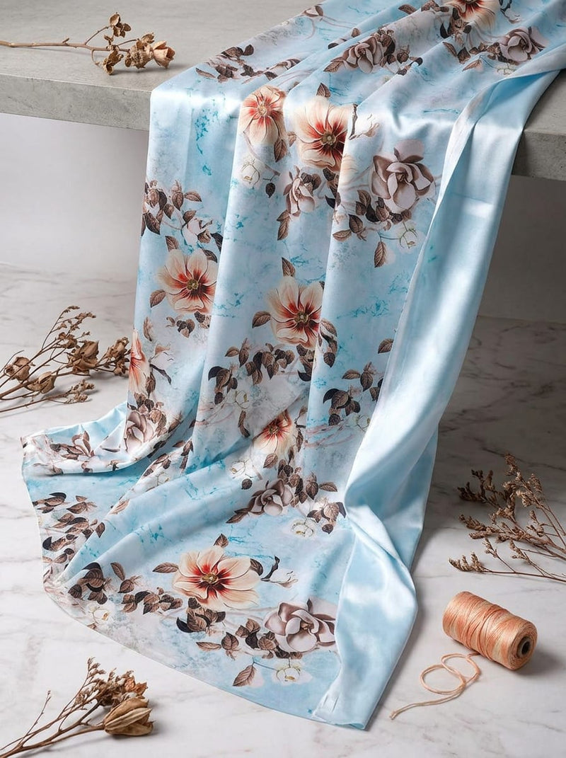 Blue Painterly Vintage Floral Bloom Japan Satin Digital Printed Fabric