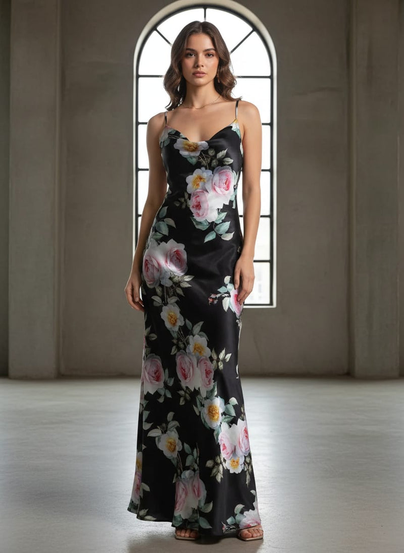 Black Classic Rose Floral Japan Satin Digital Printed Fabric