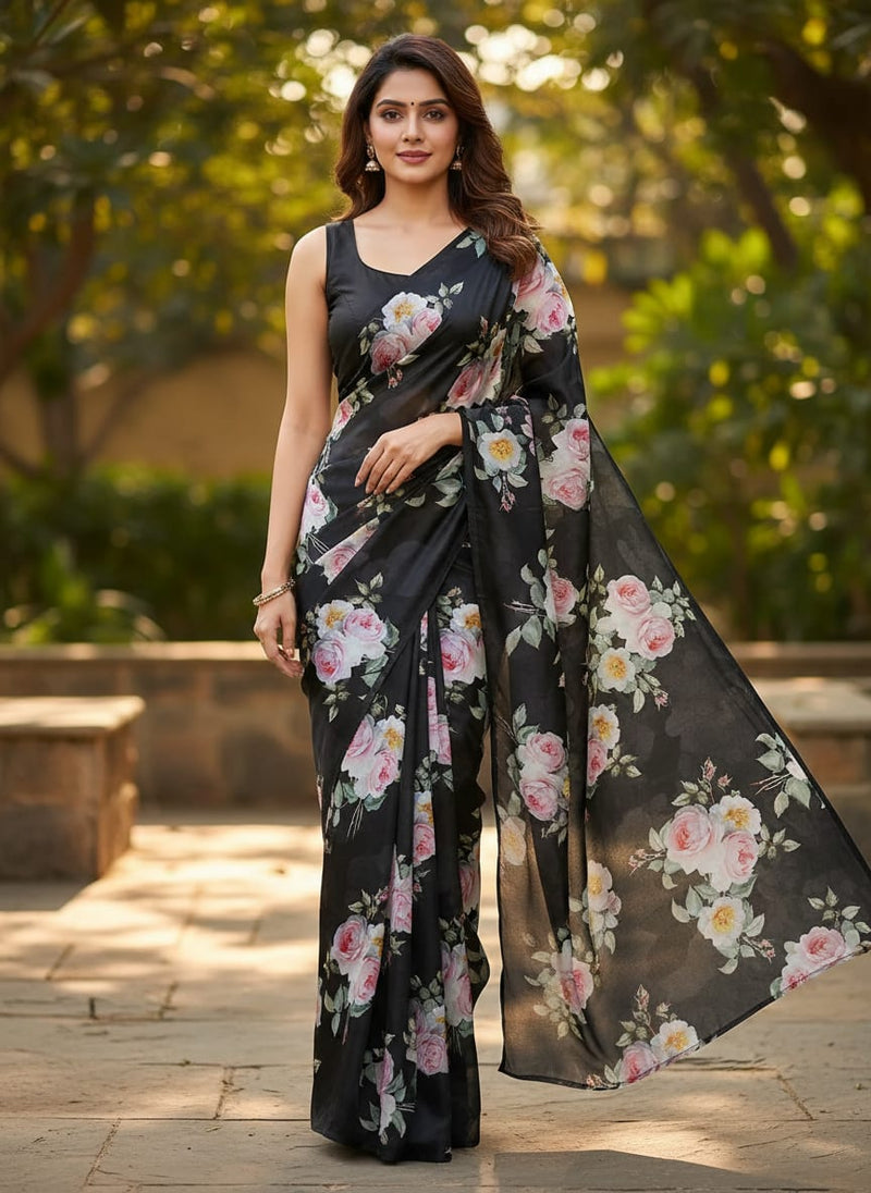 Black Classic Rose Floral Japan Satin Digital Printed Fabric