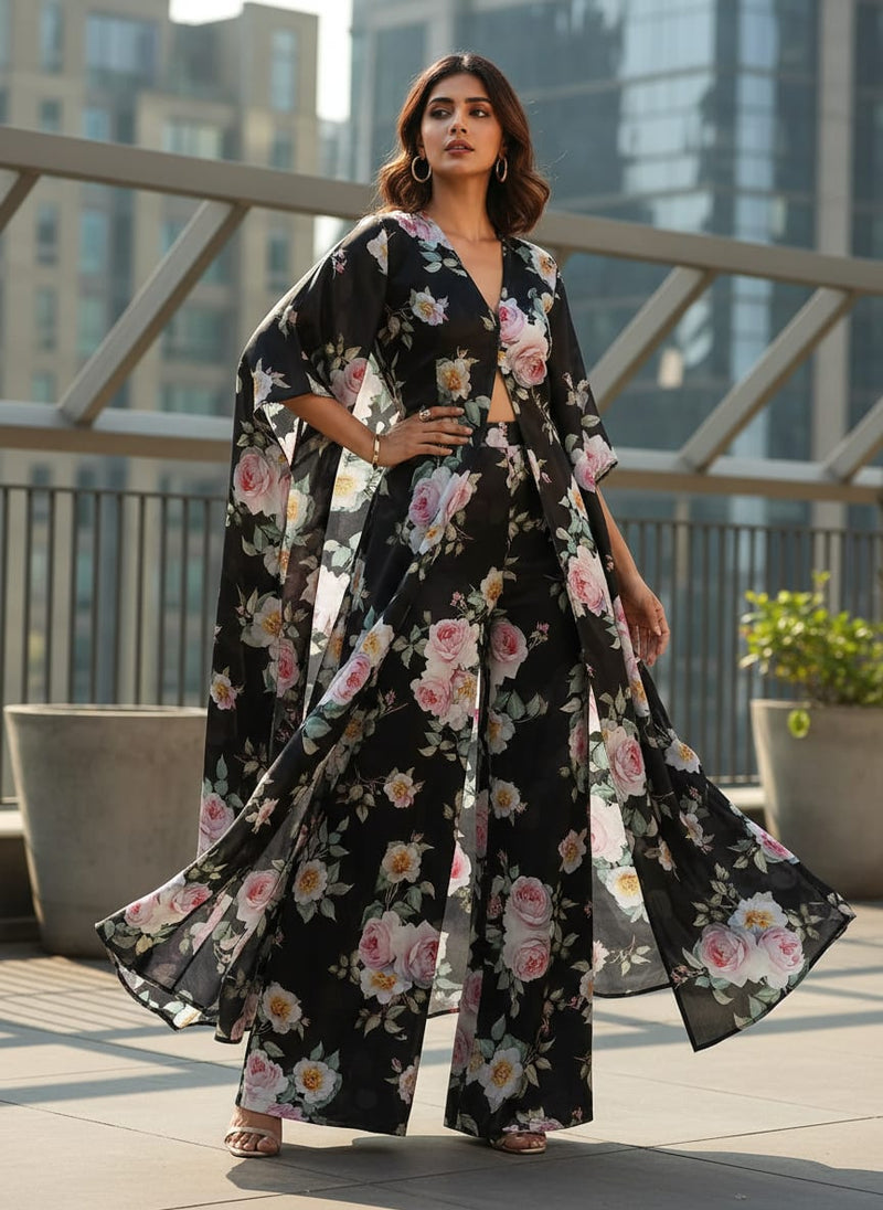 Black Classic Rose Floral Japan Satin Digital Printed Fabric