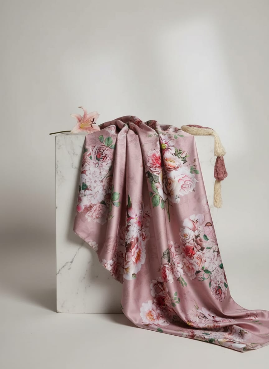 Pink Painterly Rose Bouquet Floral Japan Satin Digital Printed Fabric