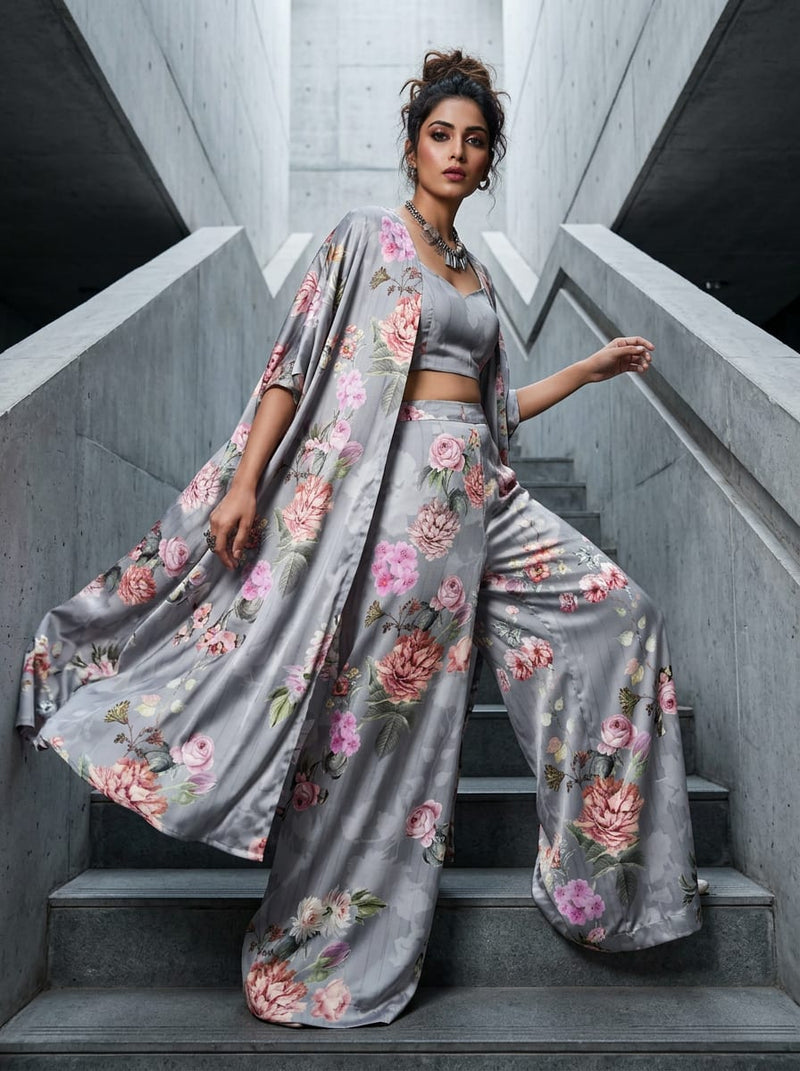 Grey Vintage Botanical Floral Japan Satin Digital Printed Fabric