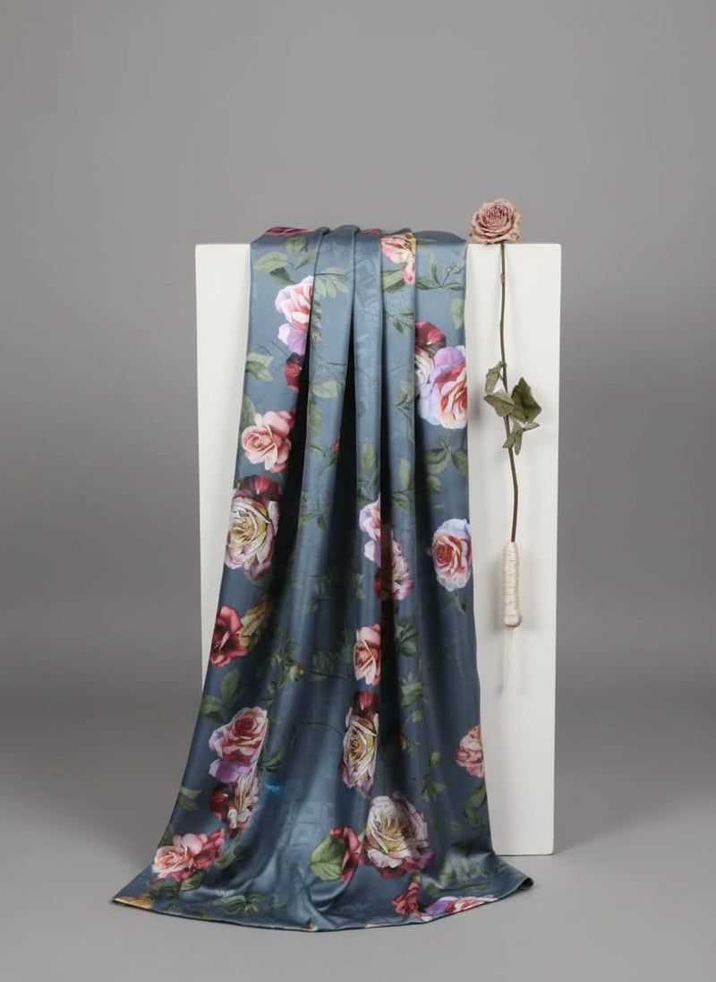 Grey Vintage Rose Floral on Geometric Background Japan Satin Digital Printed Fabric
