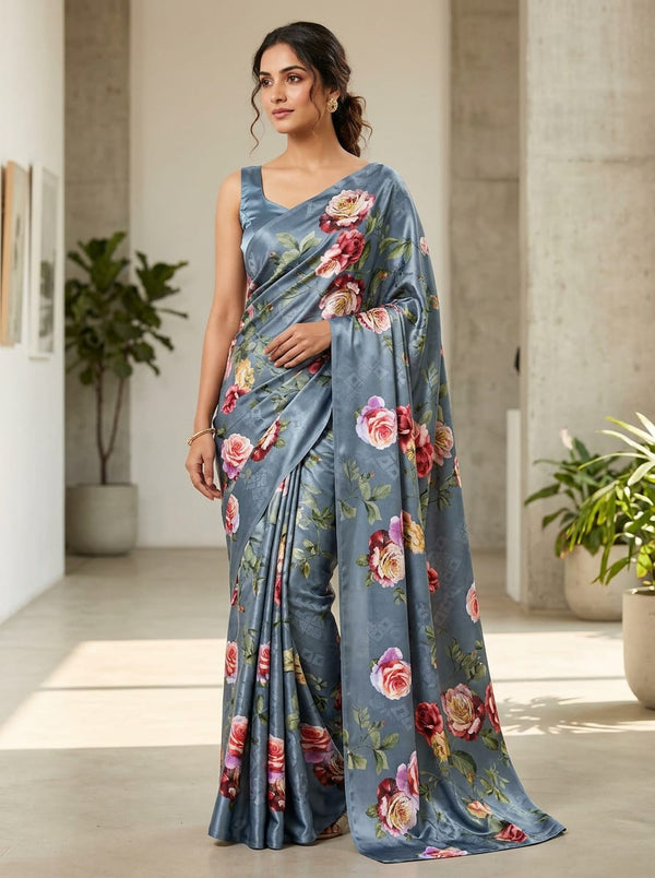 Grey Vintage Rose Floral on Geometric Background Japan Satin Digital Printed Fabric - Saree Lookbook - JS-0-TA05665-111 - alternate view