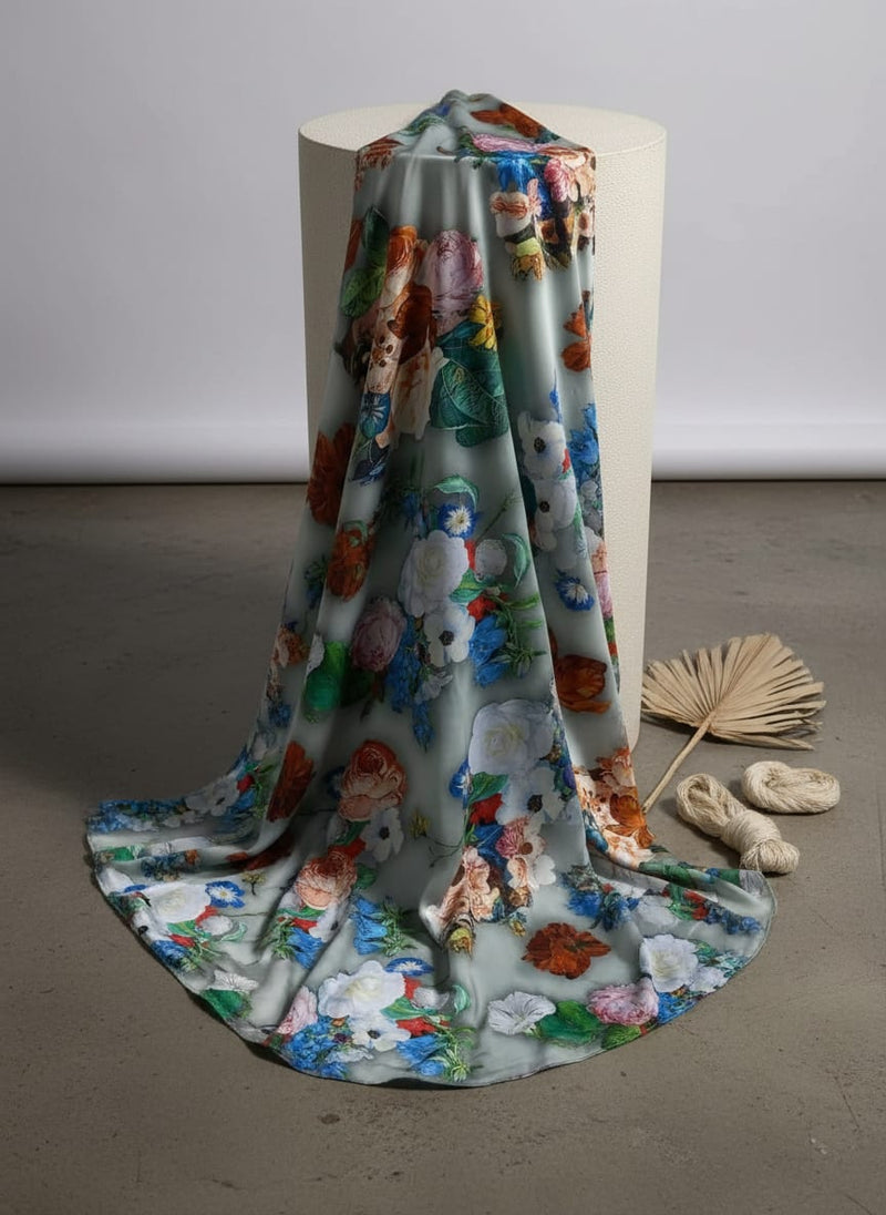 Multicolor Vibrant Botanical Garden Floral Japan Satin Digital Printed Fabric