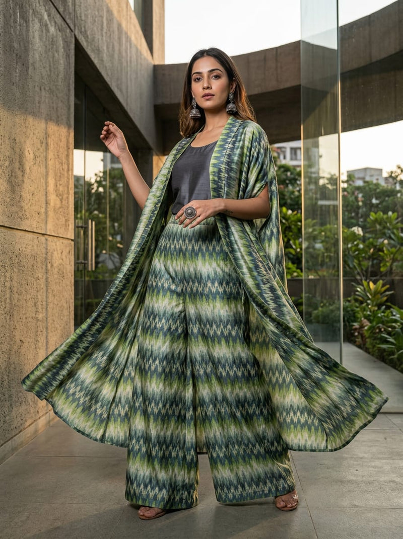 Blue Abstract Ikat Wave Tusser Silk Digital Printed Fabric