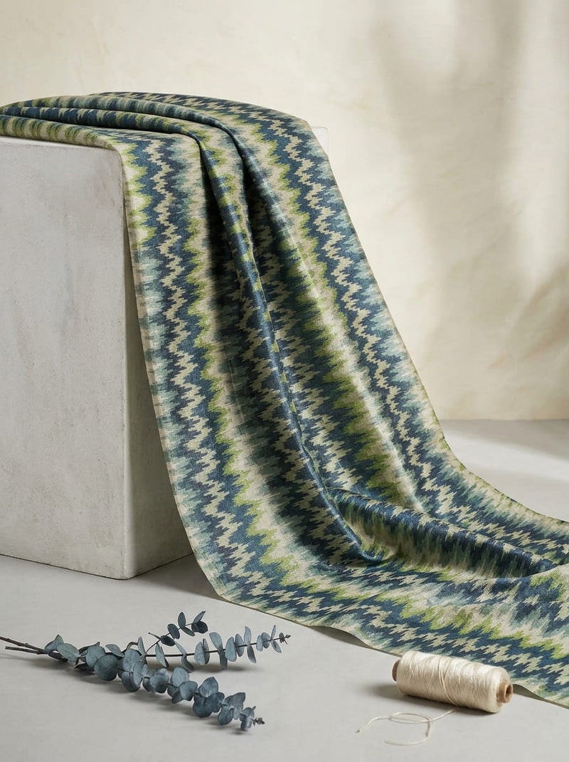 Blue Abstract Ikat Wave Tusser Silk Digital Printed Fabric