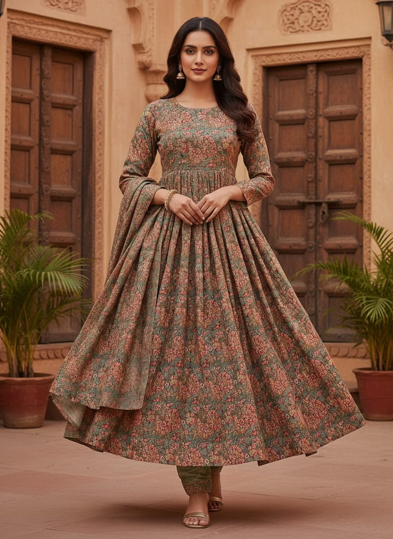 Multicolor Vintage Ethnic Floral Jaal Tusser Silk Digital Printed Fabric