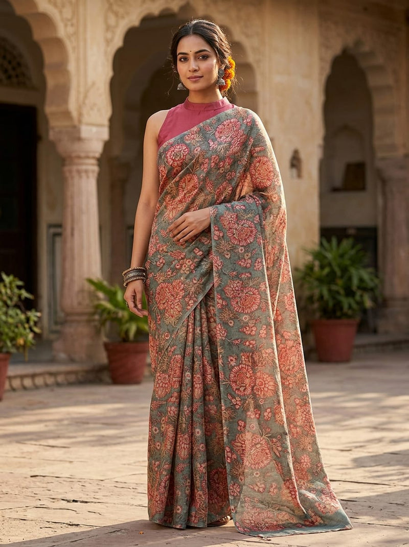 Multicolor Vintage Ethnic Floral Jaal Tusser Silk Digital Printed Fabric