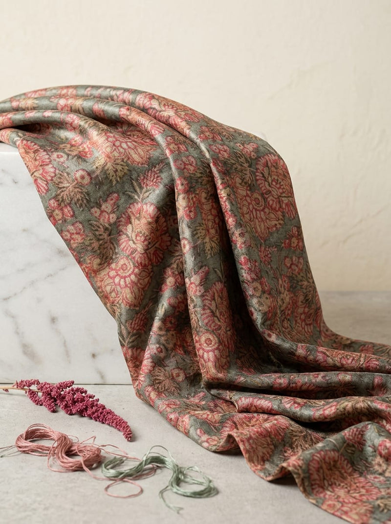 Multicolor Vintage Ethnic Floral Jaal Tusser Silk Digital Printed Fabric