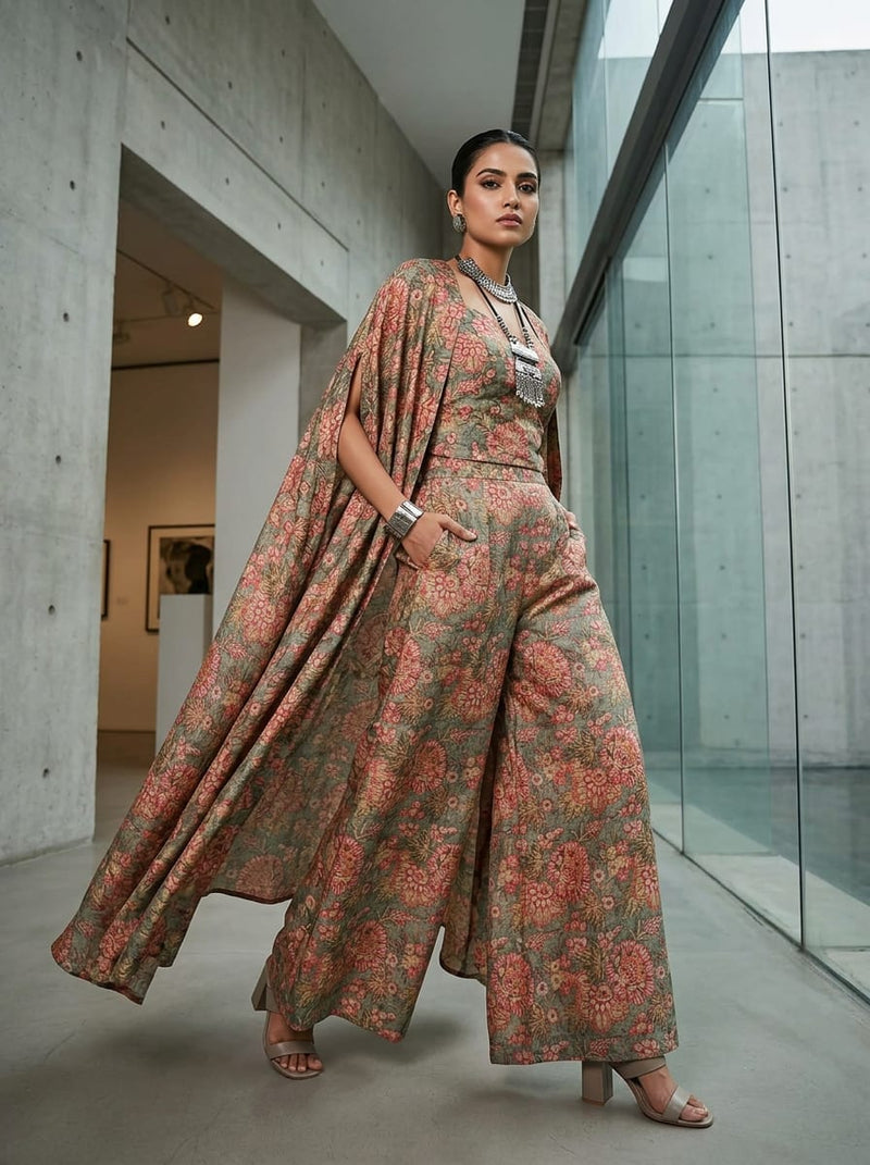 Multicolor Vintage Ethnic Floral Jaal Tusser Silk Digital Printed Fabric