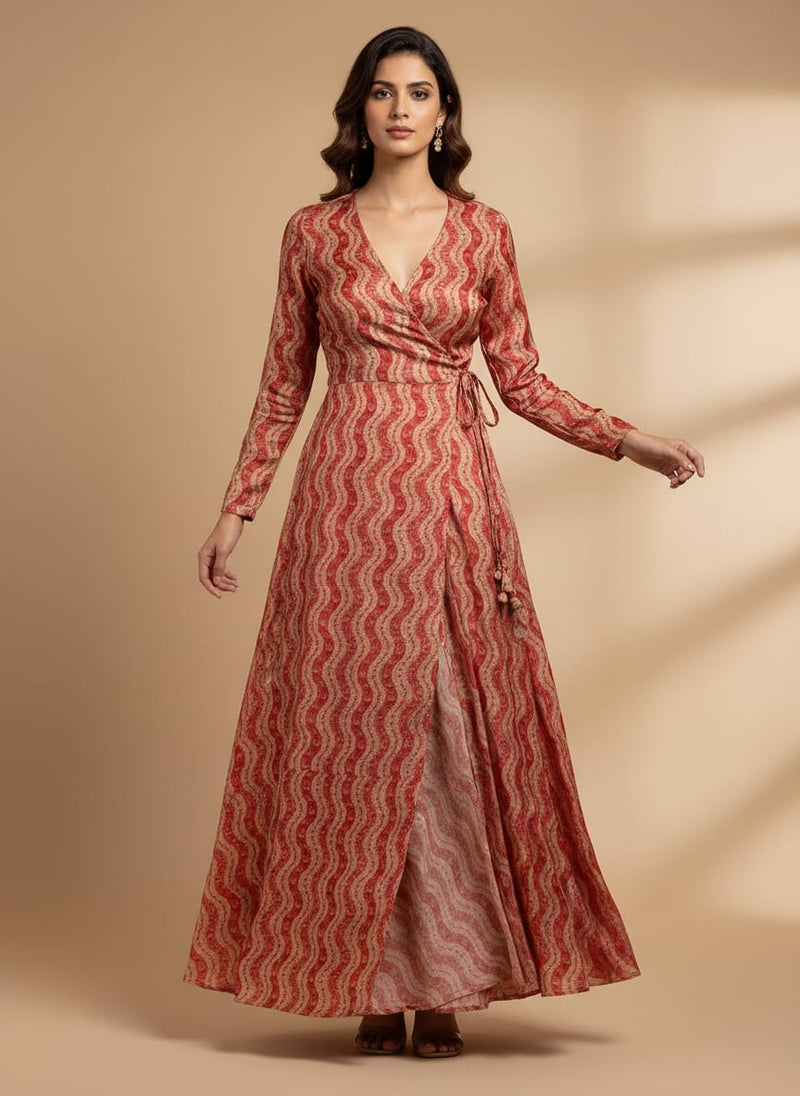 Red and Cream Ethnic Wavy Stripe Tusser Silk Digital Printed Fabric