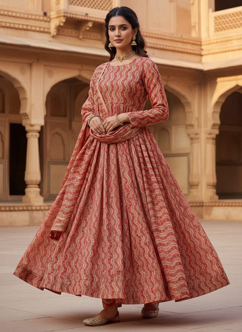 Red and Cream Ethnic Wavy Stripe Tusser Silk Digital Printed Fabric