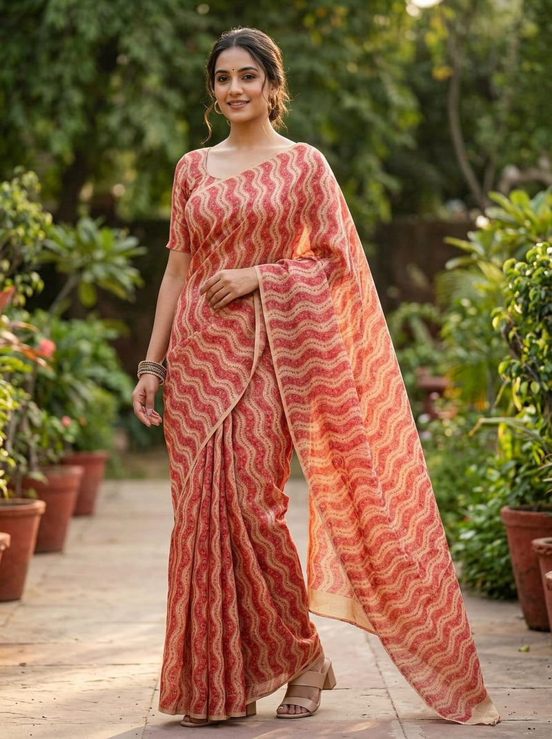 Red and Cream Ethnic Wavy Stripe Tusser Silk Digital Printed Fabric