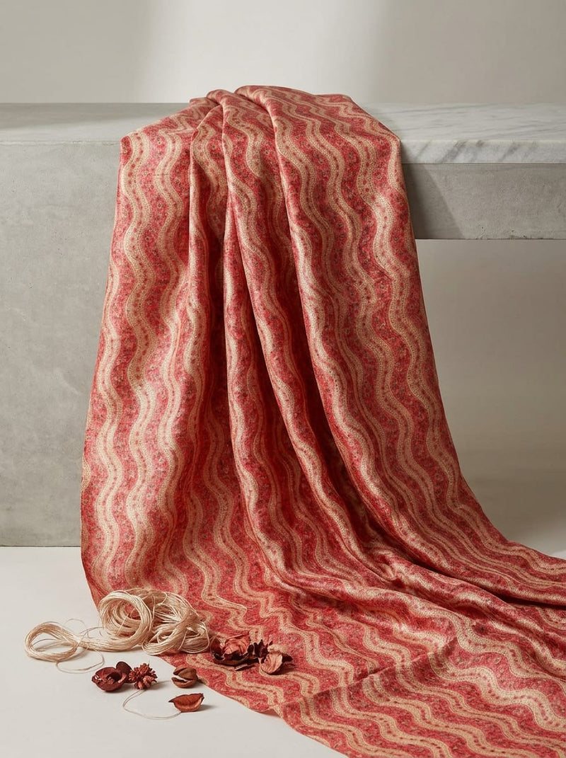 Red and Cream Ethnic Wavy Stripe Tusser Silk Digital Printed Fabric