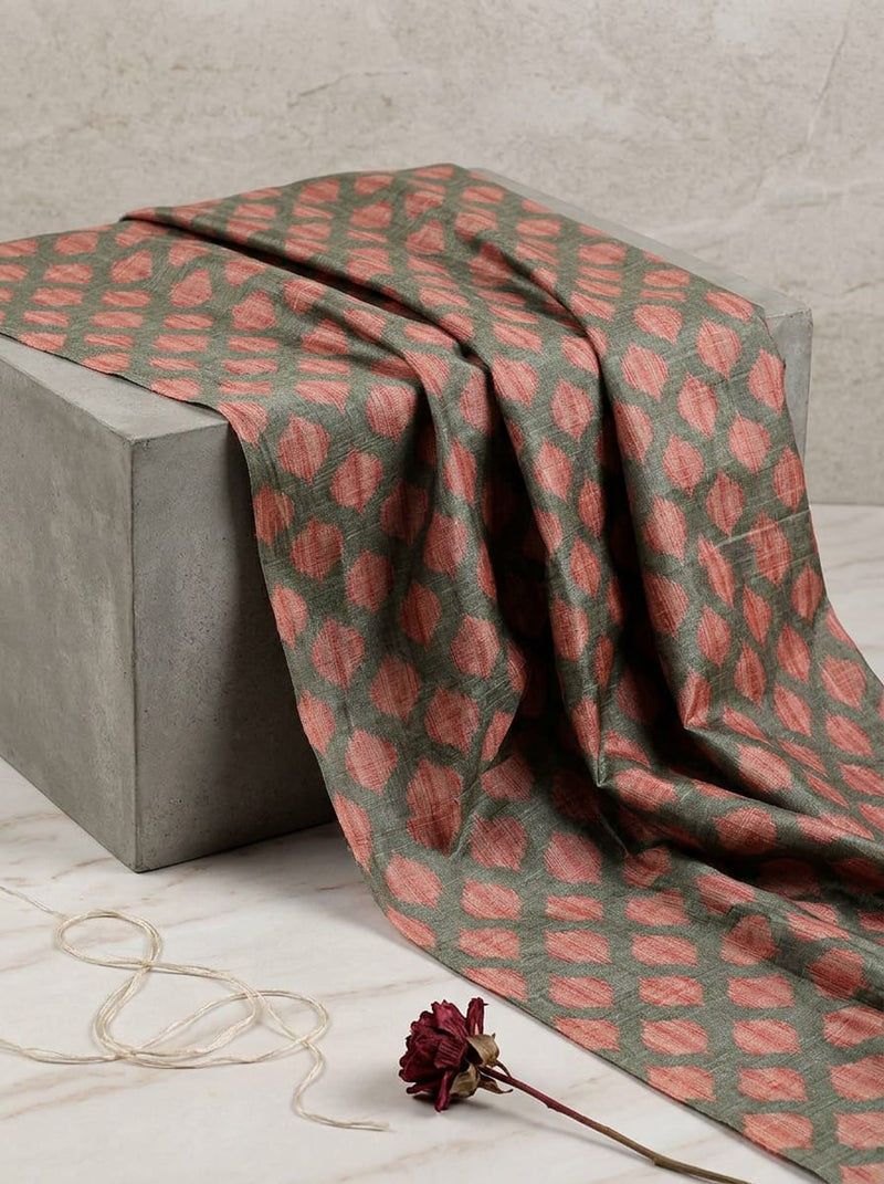 Grey Textured Geometric Leaf Pattern Tusser Silk Digital Printed Fabric