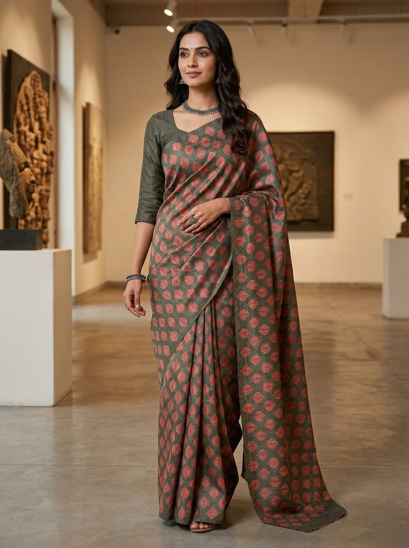 Grey Textured Geometric Leaf Pattern Tusser Silk Digital Printed Fabric