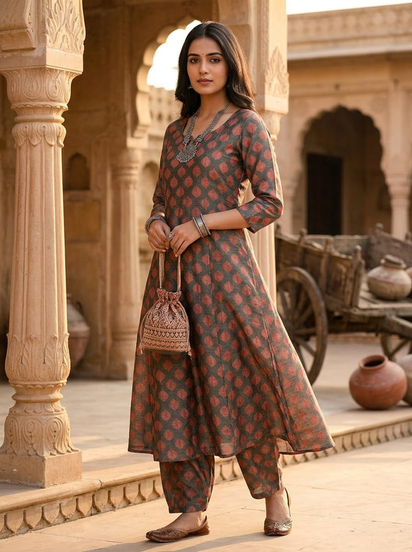 Grey Textured Geometric Leaf Pattern Tusser Silk Digital Printed Fabric - A-Line Kurta with Salwar Lookbook - TS-0-MA06182-108 - alternate view