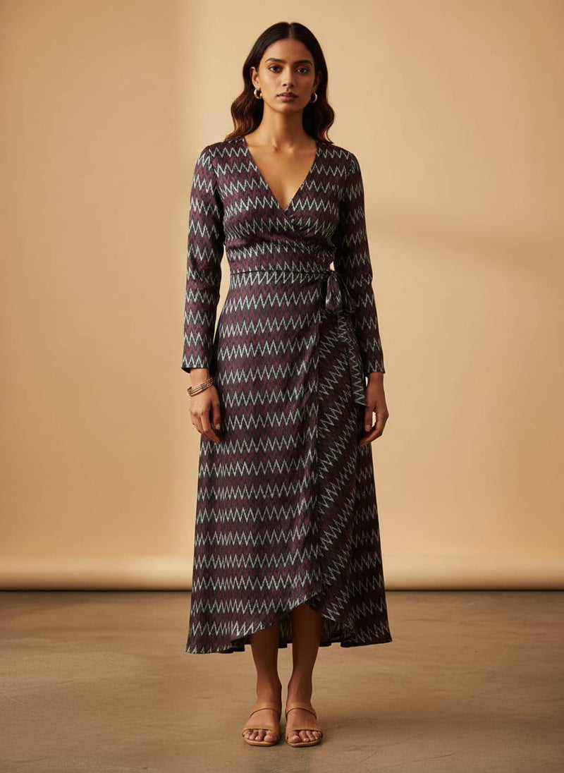 Navy Ethnic Ikat Zigzag Pattern Tusser Silk Digital Printed Fabric