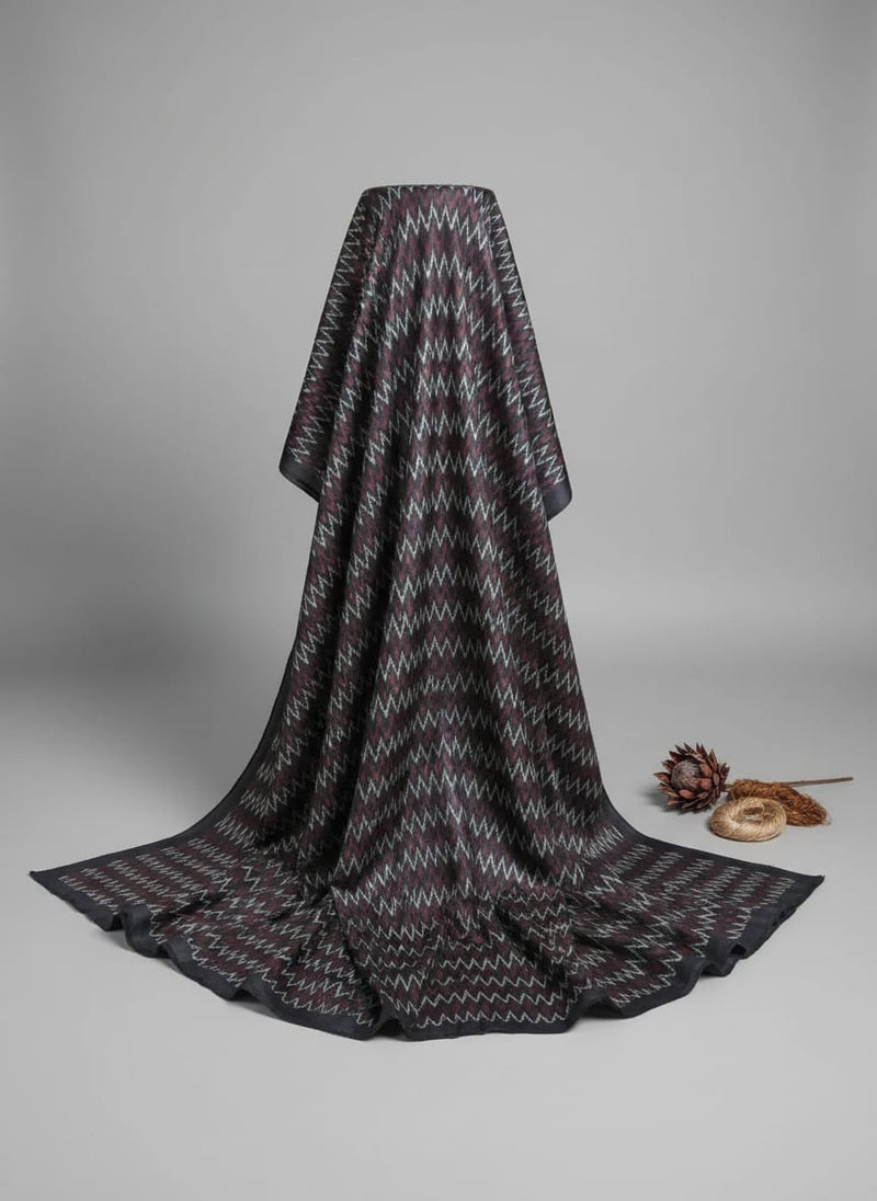 Navy Ethnic Ikat Zigzag Pattern Tusser Silk Digital Printed Fabric
