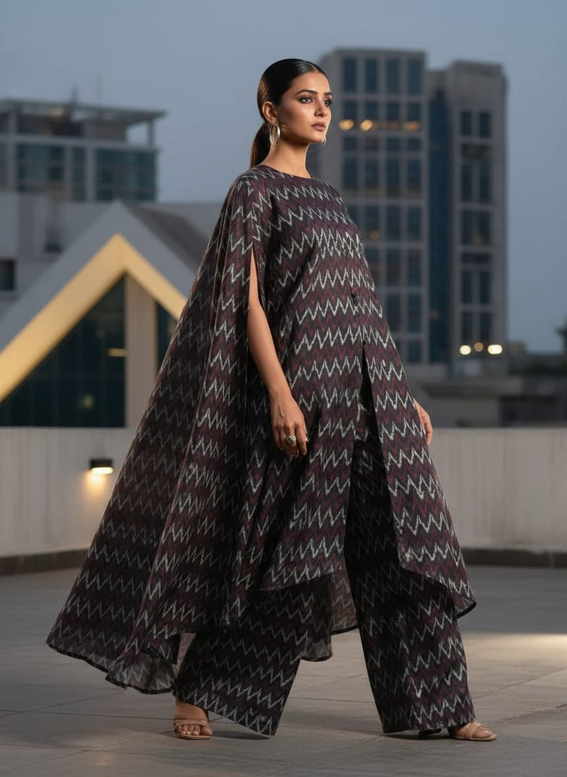 Navy Ethnic Ikat Zigzag Pattern Tusser Silk Digital Printed Fabric