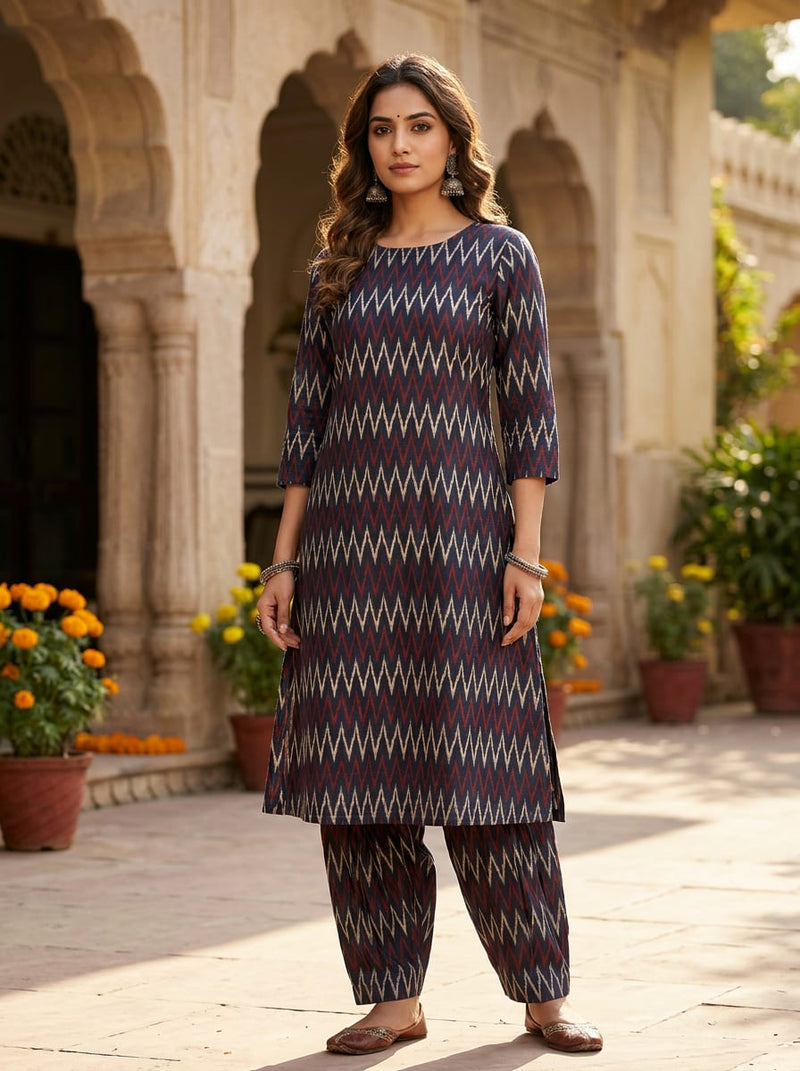 Navy Ethnic Ikat Zigzag Pattern Tusser Silk Digital Printed Fabric