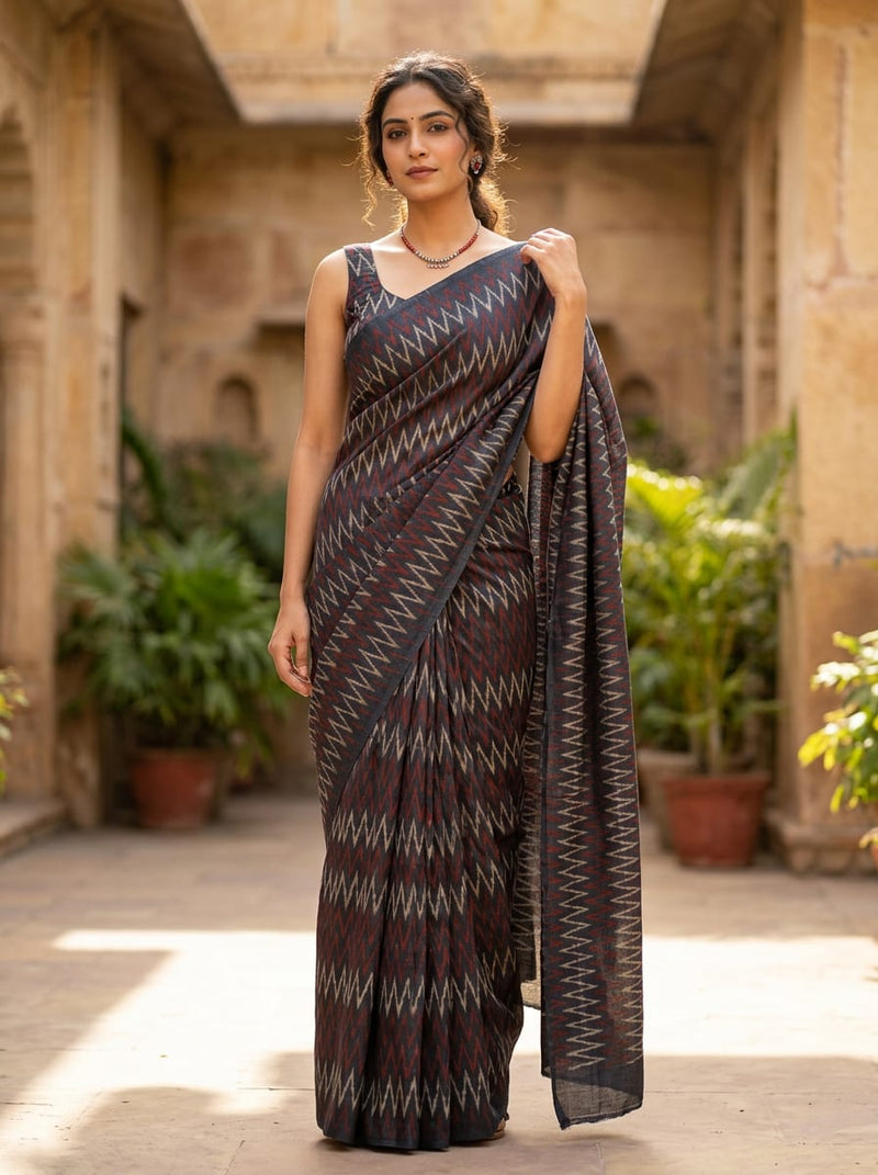Navy Ethnic Ikat Zigzag Pattern Tusser Silk Digital Printed Fabric
