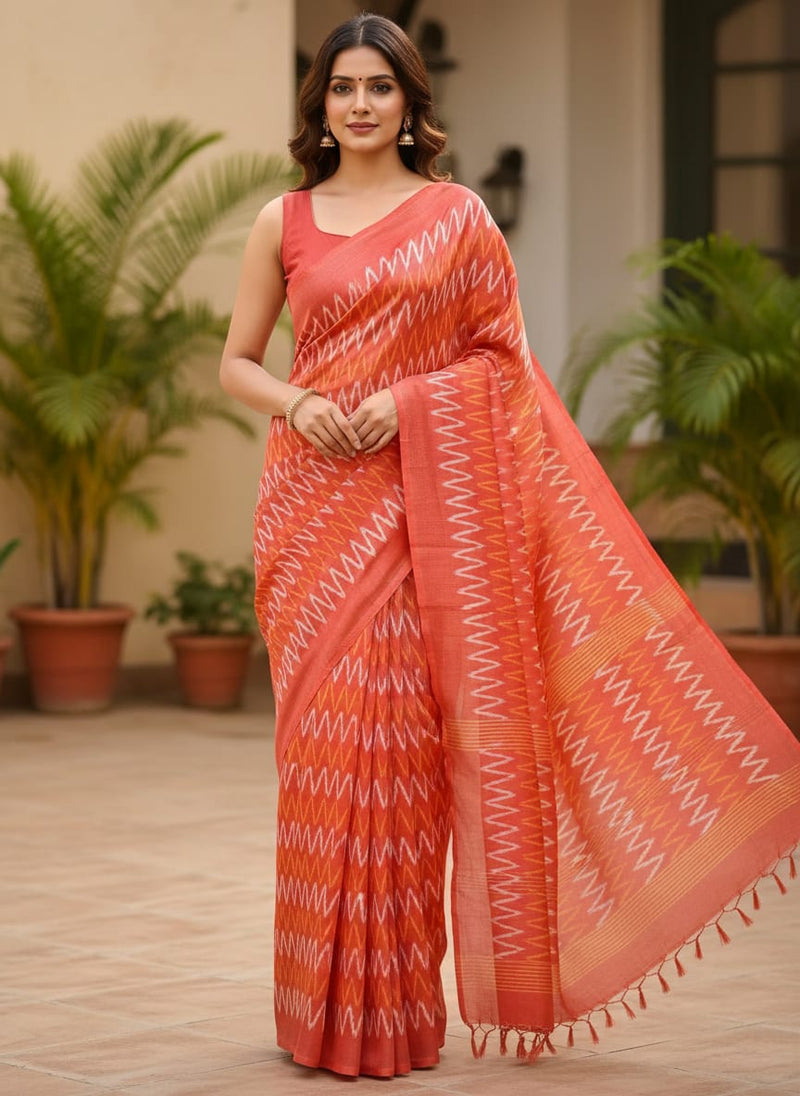 Orange Ethnic Ikat Style Chevron Print Tusser Silk Digital Printed Fabric
