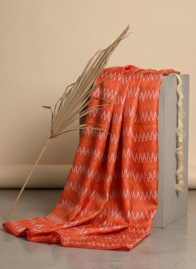 Orange Ethnic Ikat Style Chevron Print Tusser Silk Digital Printed Fabric