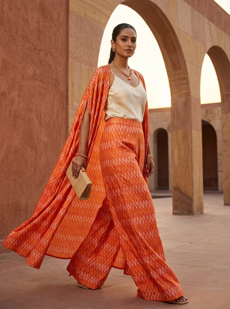 Orange Ethnic Ikat Style Chevron Print Tusser Silk Digital Printed Fabric