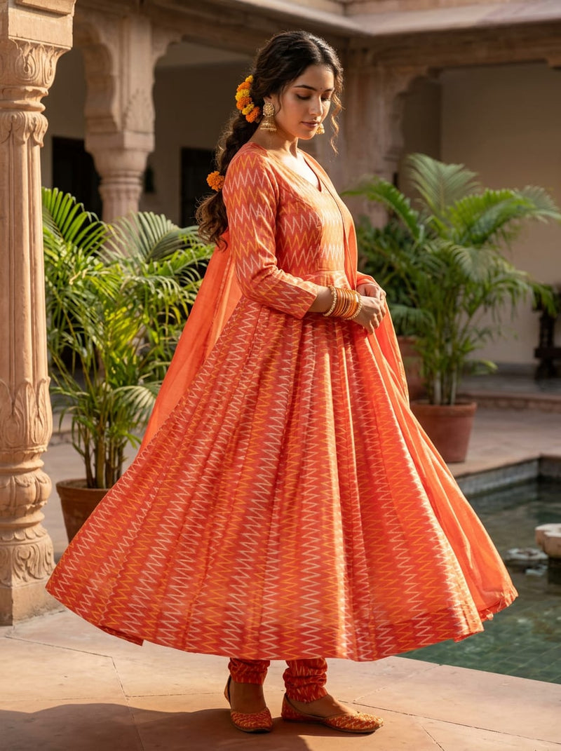 Orange Ethnic Ikat Style Chevron Print Tusser Silk Digital Printed Fabric