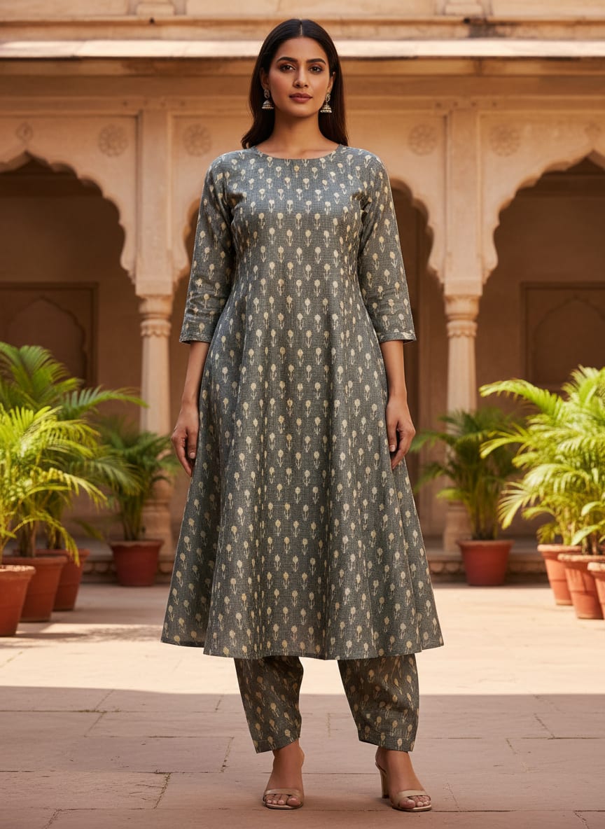 Grey Small Ethnic Floral Buti Tusser Silk Digital Printed Fabric