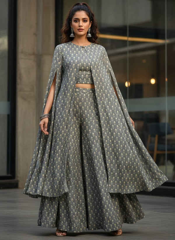 Grey Small Ethnic Floral Buti Tusser Silk Digital Printed Fabric - Cape with Palazzo Lookbook - TS-0-MA05928-108 - alternate view