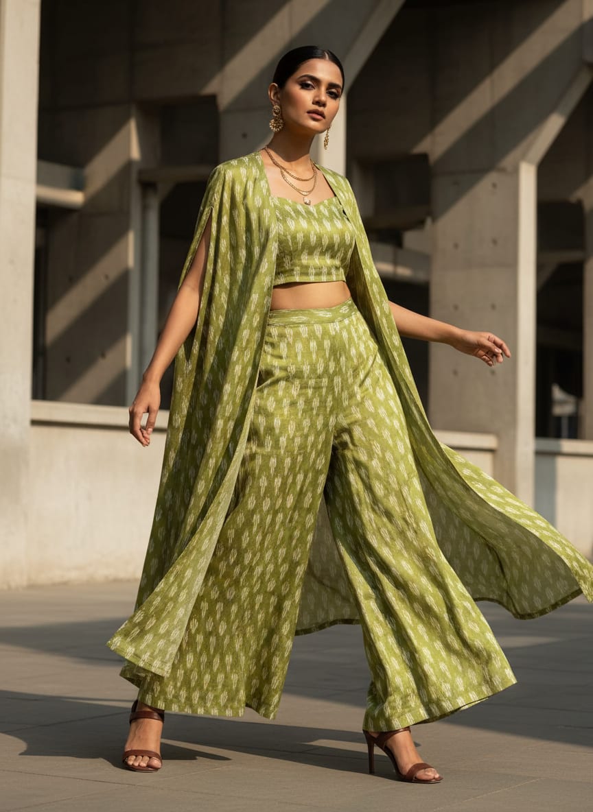 Olive Ethnic Ikat Style Print Tusser Silk Digital Printed Fabric