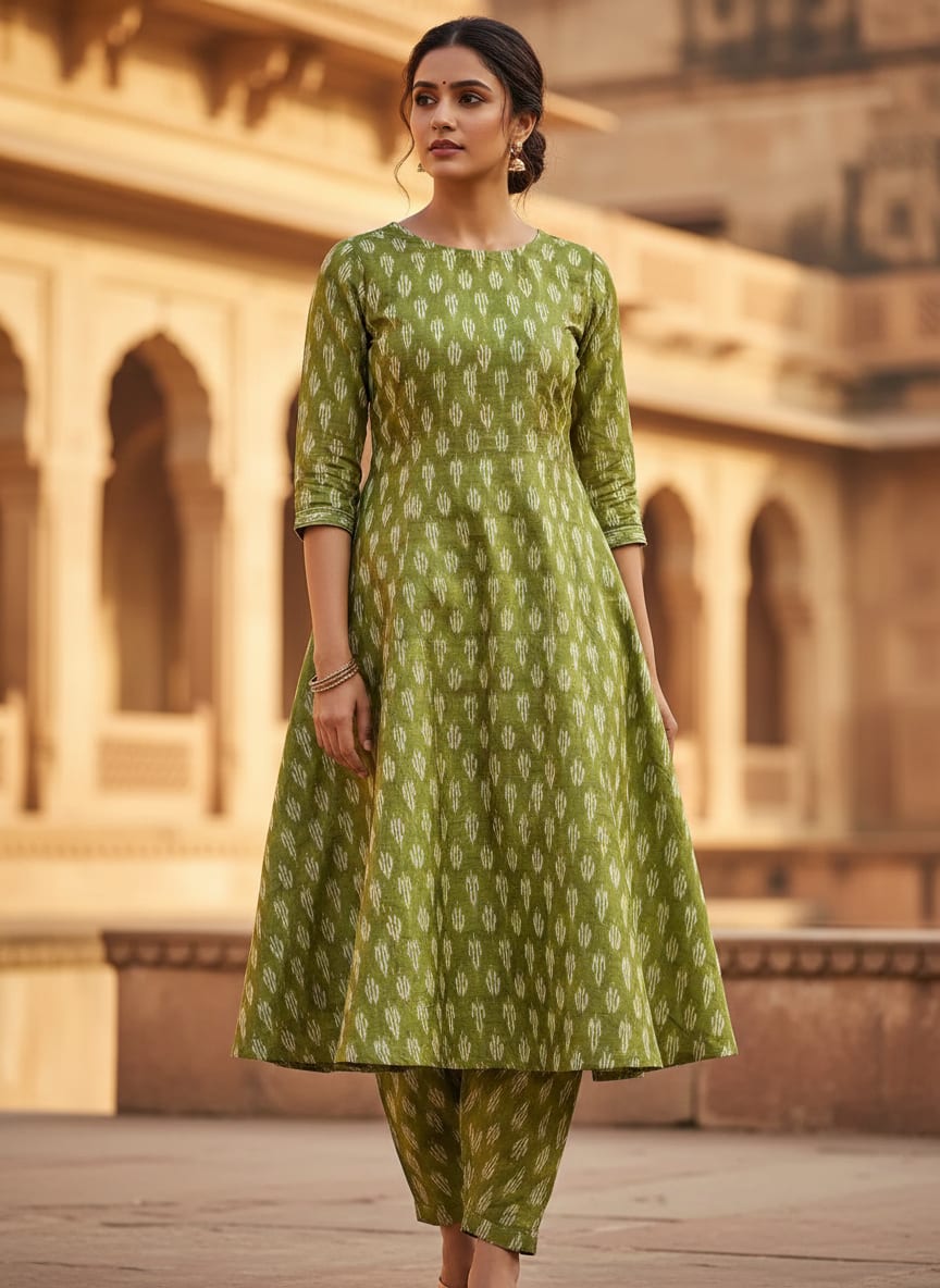 Olive Ethnic Ikat Style Print Tusser Silk Digital Printed Fabric