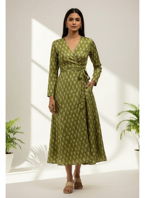 Olive Ethnic Ikat Style Print Tusser Silk Digital Printed Fabric - Wrap Dress Lookbook - PS-0-0MA05878-108 - alternate view