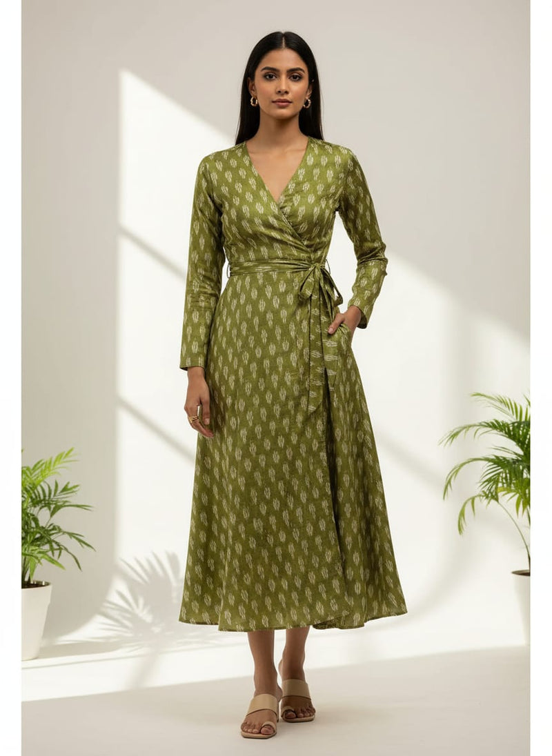 Olive Ethnic Ikat Style Print Tusser Silk Digital Printed Fabric