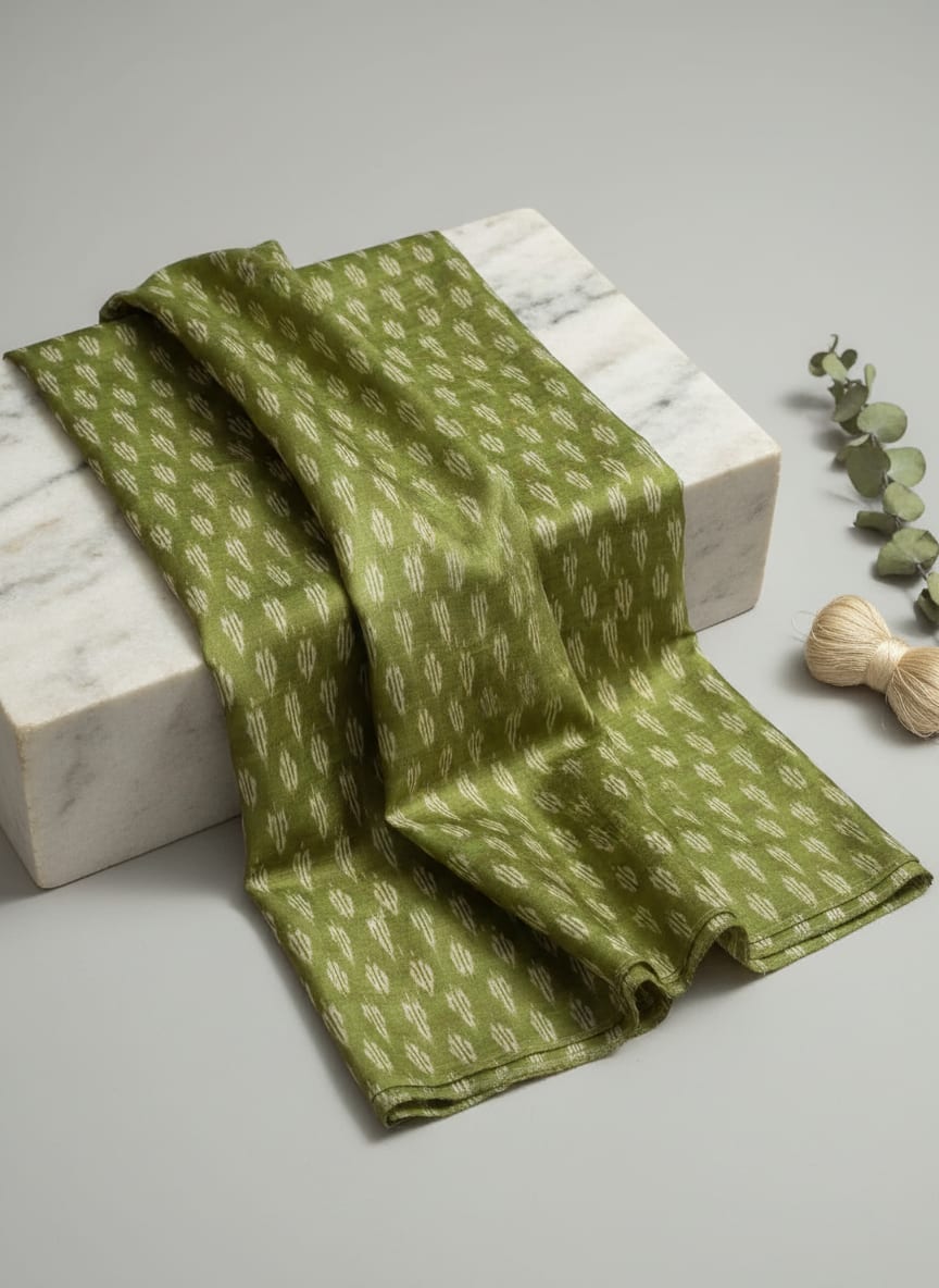 Olive Ethnic Ikat Style Print Tusser Silk Digital Printed Fabric