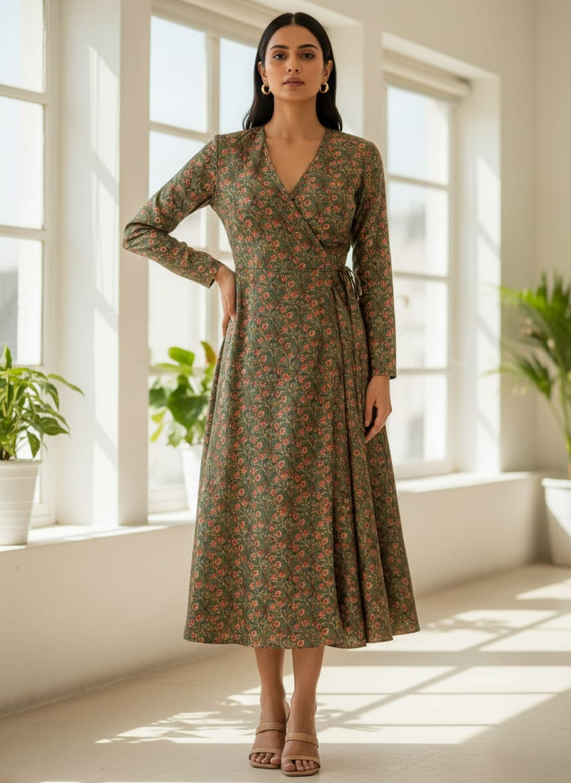 Olive Vintage Floral Jaal Tusser Silk Digital Printed Fabric
