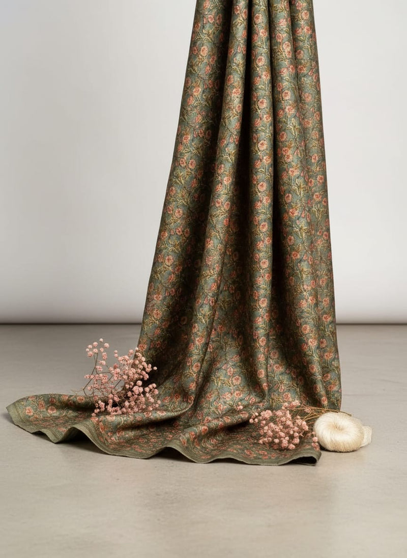 Olive Vintage Floral Jaal Tusser Silk Digital Printed Fabric