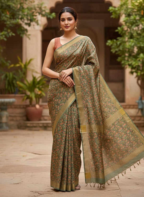 Olive Vintage Floral Jaal Tusser Silk Digital Printed Fabric - Saree Lookbook - TS-0-MA05821-110 - alternate view