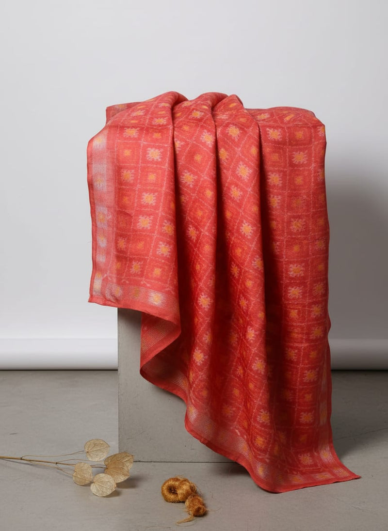 Red Ethnic Ikat Style Diamond Pattern Tusser Silk Digital Printed Fabric