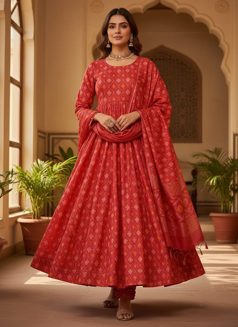 Red Ethnic Ikat Style Diamond Pattern Tusser Silk Digital Printed Fabric